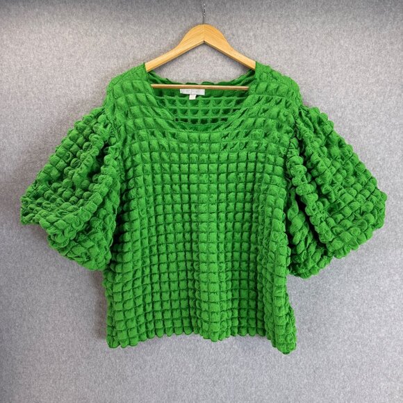 Eri + Ali Textured Square Bright Green Top Puff Sleeves Blouse Womens Size 3X - Picture 1 of 14